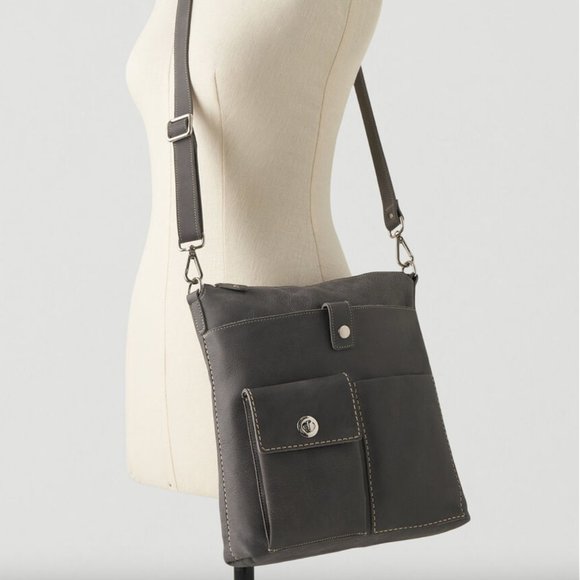 Roots Leather Charcoal Canadian Villager Tribe Crossbody Bag - Picture 2 of 16